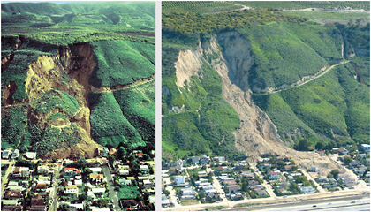 Landslide destruction of La Conchita, Ventura County, California. Left: In 1995 two successive landslides over a one-week period carried about 1.3 million m3 (1.7 million yards3) downslope, damaging or destroying 14 houses. Right: In January 10, 2005, on a sunny day after a two-week period of heavy rain, a landslide struck the community again, destroying or seriously damaging 36 houses and killing 10 people. About 200,000 m3 (250,000 yards3) of remobilized debris rushed through the community at a speed approaching 30 feet/second (Jibson, 2005). SOURCE: U.S. Geological Survey.