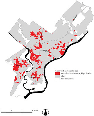 FIGURE 6-1 Mapping that linked supermarket sales, income, and diet-related deaths illustrated the impact of Philadelphia’s “grocery gap.”