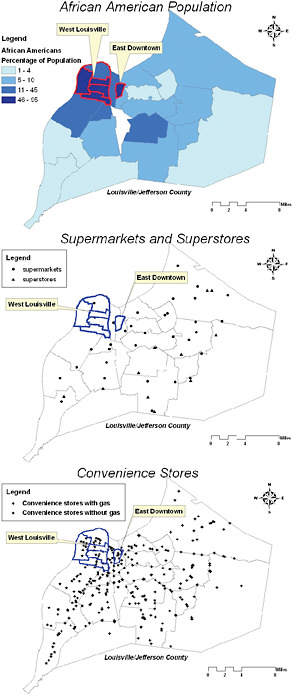 FIGURE 6-4 Mapping made clear that Louisville’s predominantly African American neighborhoods had few supermarkets but numerous convenience stores and fast food restaurants.
