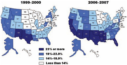 Comparison in the percentage of nonelderly adults without health insurance, by state, 1999–2000 and 2006–2007.