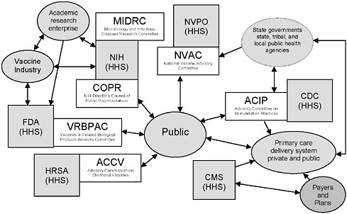 FIGURE 6-1 Federal advisory committees and Department of Health and Human Services (HHS) agencies associated with vaccine- or immunization-specific programs.