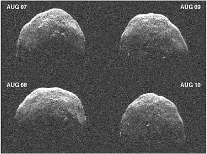 FIGURE 2 Arecibo radar images of 2-kilometer-diameter asteroid 1992 UY4 made from four days’ observations in August 2005. Radar images are unusual in that the coordinates are not spatial ones on the plane of the sky. Rather, radar images are in delay and Doppler coordinates, corresponding for each pixel to its (relative) distance from us and its (relative) radial velocity, determined, respectively, by the time delay and Doppler shift of the echo. The delay (distance) resolution for these images is ~5 nanoseconds (7.5 meters, one-way), and the Doppler (velocity) resolution is 0.029 Hertz (~0.2 centimeters/second). The delay coordinate is vertical and the Doppler coordinate is horizontal. SOURCE: Lance Benner, Jet Propulsion Laboratory, California Institute of Technology.