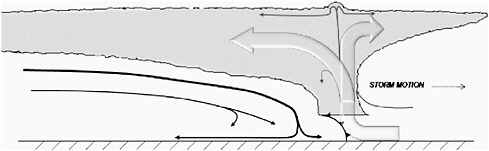 FIGURE B.8 Cross section perpendicular to a squall line (adapted from Houze et al., 1989). Large hollow arrows identify the ascending front to rear inflow (left) and core updraft transporting air to the cloud top and forward anvil (right). Black arrows represent the rear inflow jet supporting the cold pool generation directly below the core updraft.