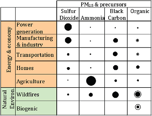 FIGURE 3.2 Global sources of PM2.5 components and precursors. Areas of black dots are proportional to fraction of each compound originating from individual sources; that is, dots in each column sum to the same total area. Sulfur dioxide (a precursor) leads to sulfate, while PM nitrogen species result from complex reactions involving ammonia and other nitrogen compounds, including organics. In the column for organic carbon, dashed circles show the approximate contribution of secondary organic aerosol formed from precursors. Values are from Bond et al. (2004), Cofala et al. (2007), and Heald and Spracklen (2009); secondary organic aerosol values are adapted from de Gouw and Jimenez (2009).