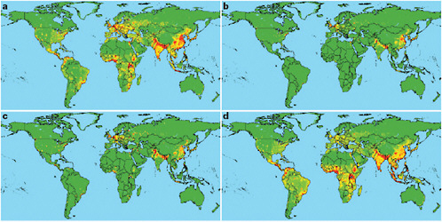 FIGURE WO-5 Global distribution of relative risk of an emerging infectious disease (EID) event. Maps are derived for EID events caused by (a) zoonotic pathogens from wildlife, (b) zoonotic pathogens from nonwildlife, (c) drug-resistant pathogens, and (d) vector-borne pathogens.