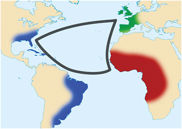 FIGURE 3-4 The transatlantic triangular trade. From the seventeenth to the nineteenth centuries, ships carried goods and supplies from Europe to Africa, for sale or barter for slaves, who were then transported to the New World, from where sugar, tobacco, and other produce was shipped to Europe. Slave ships carried as many as 900 captives; the large volume of freshwater required for their survival was stowed in barrels, and the water was inevitably infested with larvae of the African mosquito Aedes aegypti. Yellow fever, also native to Africa, was transmitted on board between humans by these mosquitoes. Devastating epidemics of yellow fever were a frequent event in the neotropics and subtropics, as well as in temperate regions of North America and Europe as far north as Boston and Dublin. Both the mosquito and the virus are now endemic/enzootic in the Americas.
