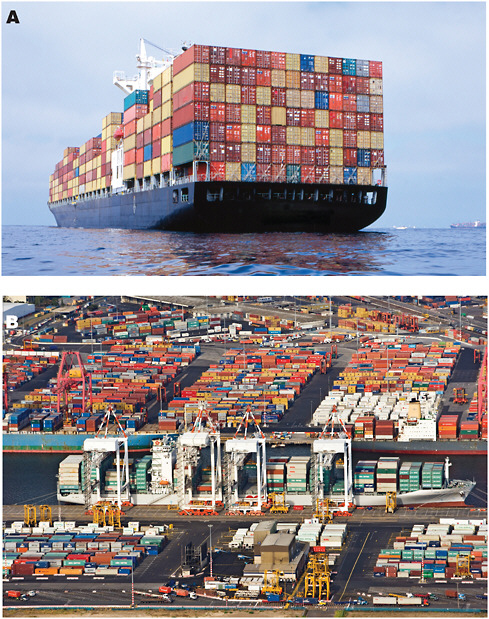 FIGURE 3-5 Containerization. Approximately 90 percent of non-bulk cargo worldwide moves by containers stacked on transport ships. More than 20 million such containers make over 200 million voyages per year; some ships can carry more than 14,500 units. The speed, efficiency, and convenience of this form of transport enable cargoes to be delivered directly from the ship to their destination with minimum delay at the dockside. In consequence, it has become totally impractical to make routine inspections, either at the port of arrival or at the point where the container is finally opened.