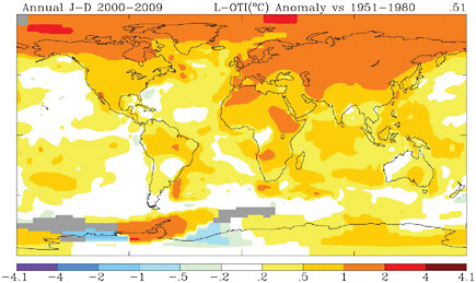 FIGURE 6.13 Average surface temperature trends (degrees per decade) for the decade 2000-2009 relative to the 1950-1979 average. Warming was more pronounced at high latitudes, especially in the Northern Hemisphere, and over land areas. SOURCES: NASA GISS (2010; Hansen et al., 2006, with 2009 update).