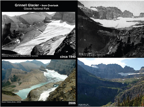 Repeat photography showing the retreat of the Grinnell glacier in Glacier National Park. The top photos were taken around 1940, and the bottom photos show the glacier six decades later. SOURCE: USGS (2008).