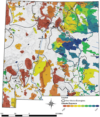 FIGURE 4.6 Climate change “exposure” of key conservation areas. This type of map can aid decision makers as they explore options for future conservation or adaptation efforts. SOURCE: TNC New Mexico Conservation Science Program (2008).
