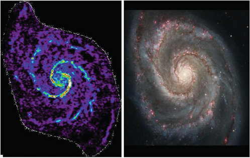 FIGURE 3.6 (Left) An aperture synthesis map at 115 GHz of carbon monoxide (CO) spectral line emission from the Spiral Galaxy Messier 51 (the “Whirlpool” Galaxy). The CO, which is tracing star-forming molecular gas, is observed to follow the spiral arms shown in the Hubble Space Telescope optical image of the galaxy (right). The image is approximately 40,000 light-years across. The CO image was made by combining 200 hours of observations at the Combined Array for Research in Millimeter-wave Astronomy with 40 hours of observations at the Nobeyama Radio Telescope in Japan. Image courtesy of Space Telescope Science Institute.