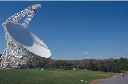 FIGURE 3.4.1 The Robert C. Byrd Green Bank Telescope (GBT) at the National Radio Astronomy Observatory in Green Bank, West Virginia. With a diameter of 100 meters, the GBT is the world s largest fully steerable telescope. It operates from 300 MHz to 90 GHz and is predominantly used for radio spectroscopy and for studies of pulsars. It has an offset feed support system to eliminate radio shadows on the dish, which can be troublesome when sensitive measurements are being made. The GBT and Green Bank, West Virginia, are in the National Radio Quiet Zone (NRQZ); see §3.6 in this report. Image courtesy of NRAO/AUI/NSF.