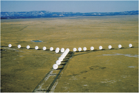 FIGURE 3.4.4 The Very Large Array (VLA) near Socorro, New Mexico, consists of 27 antennas, each 25 meters in diameter, connected as an interferometer to produce radio images at frequencies from 70 MHz to 43 GHz. The antennas are in a “Y” pattern and can be repositioned to different configurations, with a maximum baseline of 35 kilometers, to produce images of various angular resolutions. It currently is being upgraded to have more sensitivity and better image quality. In its new state, the Expanded Very Large Array, it will have continuous frequency coverage from 1 to 50 GHz. Image courtesy of NRAO/AUI/NSF.