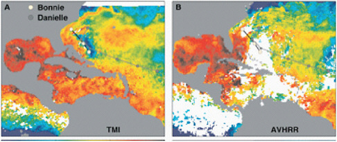 FIGURE 2.8 (A) Microwave imagery at 10 GHz supplied by the NASA Tropical Rainfall Measuring Mission (TRMM) Microwave Imager (TMI) showing a cold wake (blue region near the white dots) produced by Hurricane Bonnie on August 24-26, 1998. (B) The cold wake was not seen by the visible and infrared Advanced Very High Resolution Radiometer (AVHRR) imager because of the areas of persistent rain and cloud cover (white patches) over the 3-day period. When Danielle crossed Bonnie’s cold wake on August 29, Danielle’s intensity dropped. Although the cloud cover prevented AVHRR from observing this sequence, TMI was able to measure characteristics of the sea surface. Hurricane Bonnie’s track is shown by the white dots, and Hurricane Danielle’s track is shown by the gray dots. Image courtesy of NASA TRMM Microwave Imager.