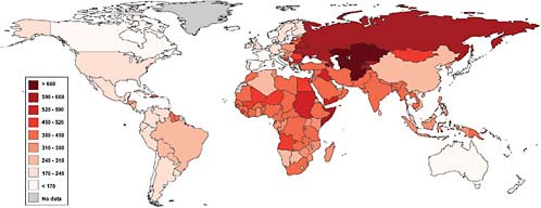 FIGURE 2.2 Age-standardized deaths due to cardiovascular disease (rate per 100,000), 2004.