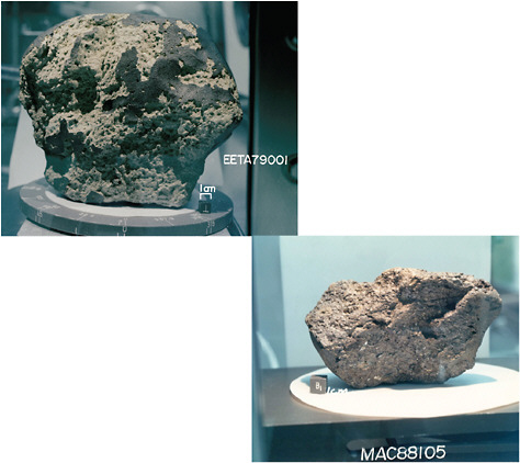 FIGURE 1.5.1 Left: The Martian meteorite, EETA79001, was collected in 1979 in the Elephant Moraine area of Antarctica. Right: The lunar meteorite, MAC88105, was collected in 1988 from the MacAlpine Hills area of Antarctica. SOURCE: NASA Astromaterials Acquisition and Curation Office.