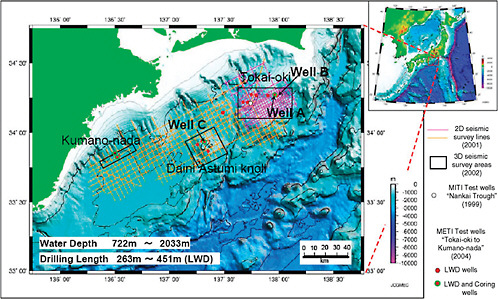 FIGURE 2.4 Map showing the location of 2D/ 3D seismic surveys and Ministry of International Trade and Industry of Japan exploratory test wells from Tokai-oki to Kumano-nada in the eastern Nankai Trough. SOURCE: Fujii et al. (2008).