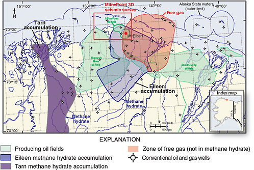 FIGURE 3.1 Map of northern Alaska near the Kuparuk, Milne Point, and Prudhoe Bay oil fields. Location of the Mount Elbert stratigraphic test well is also shown. Analysis of the methane hydrate reservoir and resource characterization relies upon access to subsurface data including industry seismic and well-log information. Data coverage decreases away from the Bay well cluster (see regional well distribution also in Figure 2.3). SOURCE: U. S. Geological Survey.