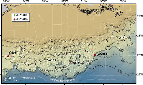 FIGURE 3.3 Bathymetric map of the northern Gulf of Mexico. The outline of the southeastern tip of Louisiana is visible between 89°W and 92°W. Bathymetric contours are in meters below sea level. Sites considered for drilling during Phases 1 and 2 (JIP 2005) and Phase 3A (2009) are indicated. Three sites selected for the logging-while-drilling JIP expedition in spring 2009 (shown in red) were in the Alaminos Canyon (21) (which is also referred to as the “East Breaks” site), Green Canyon (955), and Walker Ridge (313). In water depths of about 1,600 to 2,200 meters (5,250 to 7,218 feet), a semi-submersible rig was used to drill seven wells at these three sites. AC = Alaminos Canyon, KC = Keathley Canyon, WR = Walker Ridge, GC = Green Canyon, AT = Atwater Valley. Isobaths are in meters. SOURCE: Deborah Hutchinson, U.S. Geological Survey.