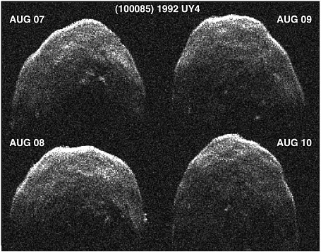 FIGURE 4.1 Arecibo radar images of the 2-kilometer-diameter near-Earth asteroid 1992 UY4 from 4 days of data obtained in August 2005. Illumination is from the top; range increases downward, and the wavelength of the echoes of the radio waves increases to the left; the Doppler frequency shift due to rotation affects the left-right positions of pixels. The resolution of each image is about 7.5 meters in each direction. The images reveal that 1992 UY4 is about 2 kilometers in diameter, with a rounded, slightly asymmetric shape, and that it has numerous topographic features. SOURCE: Courtesy of L.A.M. Benner, NASA, JPL.