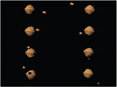 FIGURE 4.3 Renderings of binary near-Earth asteroid 1999 KW4 showing its satellite making one orbit. The figure shows three-dimensional models in shaded relief, reconstructed from a set of radar images obtained at Arecibo Observatory and Goldstone Observatory in 2001. The models are shown in their proper orientation as viewed from Earth. Radar imaging has shown that about 15 percent of NEOs larger than 200 meters in diameter have one (or sometimes two) satellites. SOURCE: S.J. Ostro, J.D. Giorgini, and L.A.M. Benner, 2006, Radar reconnaissance of near-Earth asteroids, pp. 143-150 in Near Earth Objects, Our Celestial Neighbors: Opportunity and Risk (A. Milani, G.B. Valsecchi, and D. Vokrouhlicky, eds.), Proceedings of the 236th Symposium of the International Astronomical Union, Prague, Czech Republic, August 14-18, Cambridge University Press. Copyright 2007 International Astronomical Union.