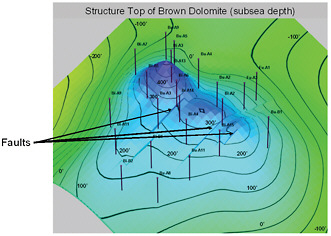 FIGURE 5.4 Three-dimensional structure map of the Bush Dome Reservoir, showing the placement of existing wells (identified in the form XX-X#) and calculated fault lines. The contour lines represent heights with respect to sea level. For reference, ground level is at approximately 3,500 feet. SOURCE: NITEC LLC.