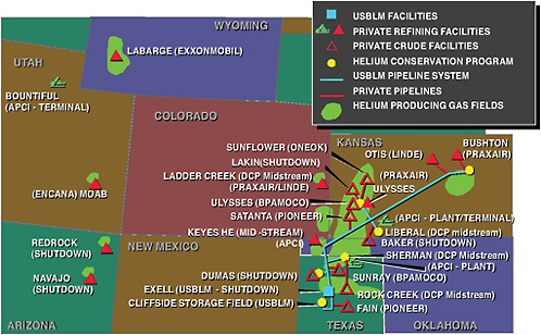 FIGURE 4.1 Map of helium supply sources and major facilities in the United States. SOURCE: Air Products and Chemicals, Inc.