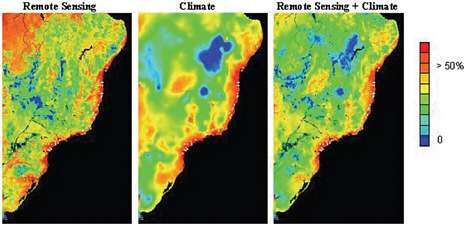 FIGURE 2.4 Results of a maximum entropy model provide an example of how remote sensing data on landscape/vegetation and climatic data can be combined to improve understanding of fine-scale features that influence the spatial distribution of species, in this case Carpornis melanocephala (black-headed berryeater) in Brazil. Higher values indicate optimal conditions for the species, whereas lower values indicate poor conditions. Geographically explicit and integrated studies of field observations, remotely sensed land-cover data, and other environmental data to estimate species distributions are an important application of the geographical sciences. SOURCE: Gillespie et al. (2008).