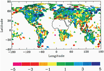 FIGURE 4.3 Annual precipitation anomalies, 1900–1988. Regions in blue show an increase in precipitation over the mean during the 1900–1988 period. Regions in red have become relatively drier during the same period. Areas without data are shown in white. SOURCE: Dai et al. (1997).
