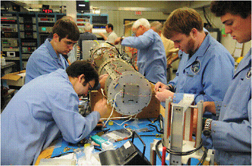 FIGURE 4.6 University students prepare their experiment for sequence testing at the Wallops Flight Facility test facility. During a sequence test the mission is simulated, from pulling launch lanyards to parachute deployment. SOURCE: NASA Sounding Rocket Program Office.