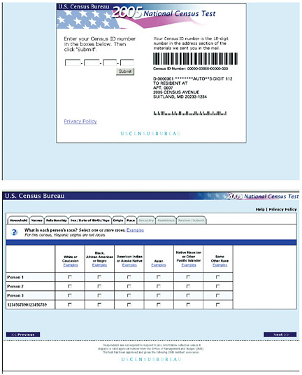 Figure B-1 Housing Unit ID log-in screen and race response screen, Internet questionnaire, 2005 census test