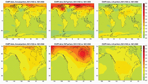FIGURE 4.1 Geographical patterns of warming per 1°C of global annual average warming, over the whole world (top) and over North America (bottom). From left to right: patterns for average temperature over the whole calendar year or for average temperature in boreal winter (December, January, and February) or summer (June, July, and August). Patterns are obtained by scaling end-of-21st-century changes (compared to end-of-20th-century climatology) by global average annual warming over the same period, using temperature at the surface from the 18 CMIP3 models whose output is available for SRES scenarios A2, A1B, and B1.