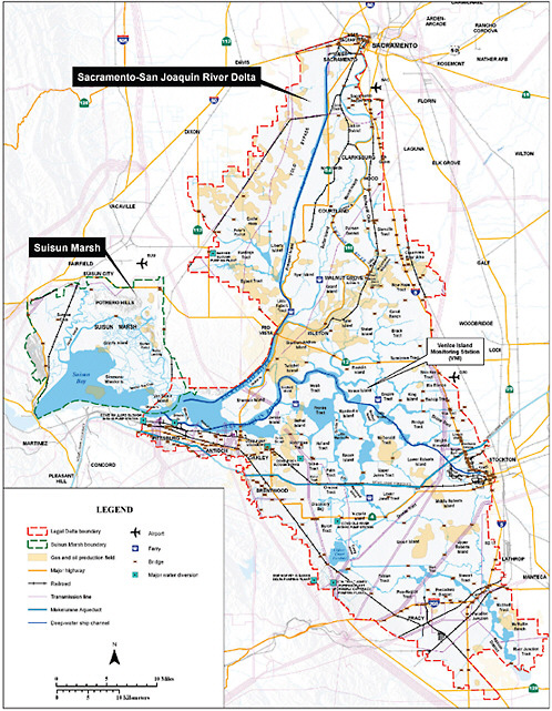 FIGURE 5.12 Infrastructure at risk from sea level rise, storm surge, and levee failure in the Sacramento-San Joaquin Delta includes highways, roads, and rail lines; gas and oil production fields and pipelines; and homes and farms. Source: CALFED (2009).