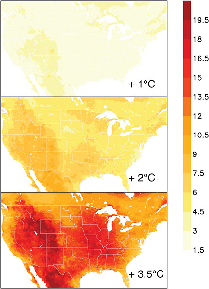 FIGURE 5.15 Projected increase in heat wave duration index, in number of days per event. Defined after Frich et al. (2002) and Tebaldi et al. (2006) as the longest period each year with at least 5 consecutive days during which daily maximum temperature is at least 5ºC higher than the climatological (1961-1990) average for that same calendar day. Projected changes are for 20-year periods during which mean global mean temperature increased by 1ºC, 2ºC, and 3.5ºC, respectively relative to the 1961-1979 average.