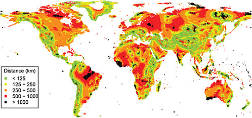 FIGURE 5.17 Map showing the distance to potential cool refuges, where cool is defined as the temperatures in 2100 are equal to or cooler than the temperatures in the 1960s. Used 0.5 x 0.5 latitude-longitude blocks. Source: Wright et al. (2009).