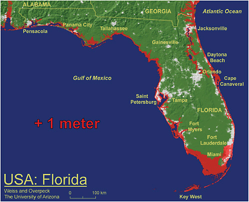 FIGURE 6.3 Effect of sea level rise of 1 m in the area of Florida. Red regions would be subject to inundation at this sea level rise. Source: University of Arizona, see http://www.geo.arizona.edu/dgesl/research/other/climate_change_and_sea_level/sea_level_rise/sea_level_rise_technical.htm.