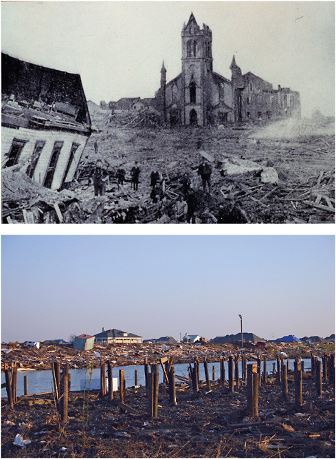 FIGURE 1.4 The Great Galveston Hurricane of September 8, 1900 destroyed the city and killed more than 8,000 people (top). More than a century later on August 29, 2005, Hurricane Katrina made landfall on the Louisiana coast, inundating the city of New Orleans and neighboring areas (bottom). Despite a nearly perfect 48-hour track forecast, Katrina caused more than 1,000 direct weather fatalities and more than $81 billion in property and crop damages. SOURCE: NOAA (2007) and iStock Photo.