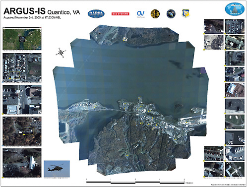 FIGURE 3-1-3 Sample of ARGUS-IS imagery. Mounted under a YEH-60B helicopter at 17,500 feet over Quantico, Va., Argus-IS images an area more than 4 km wide and provides multiple 640 × 480-pixel real-time video windows. SOURCE: Image courtesy of BAE Systems.