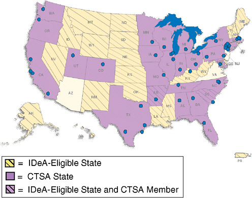 FIGURE 8-1 CTSAs include 46 institutions in 26 states. When the program is fully implemented in 2011, it will include approximately 60 institutions.