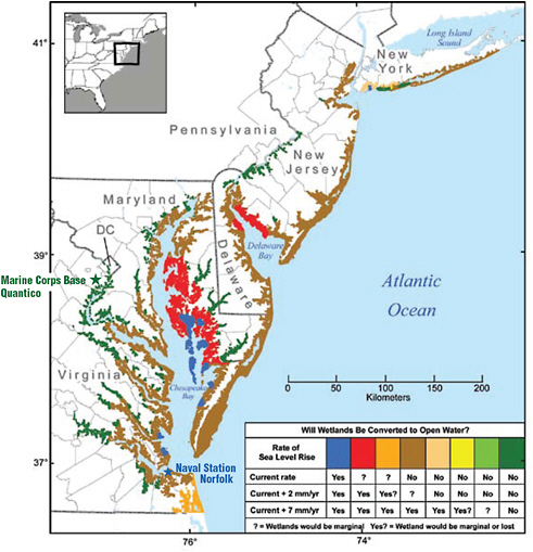FIGURE 3.1 Potential regional impact of future sea-level rise. Several static and dynamic models are being developed for projecting the regional impact of sea-level rise. This figure shows potential impact to wetlands in the U.S. mid-Atlantic region under various sea-level rise scenarios (areas where wetlands would be marginal or lost [i.e., converted to open water] under three sea-level rise scenarios, in millimeters [mm] per year [yr]). Such scenarios may be applicable on a gross scale for judging first-order impact on naval installations. SOURCE: Reprinted from Figure ES.2, Coastal Sensitivity to Sea-Level Rise: A Focus on the Mid-Atlantic Region. A report by the U.S. Climate Change Science Program and the Subcommittee on Global Change Research, 2009, U.S. Environmental Protection Agency, Washington, D.C.