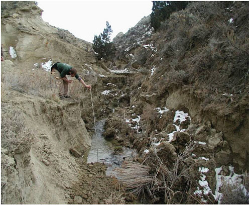FIGURE 5.6 Stream bank erosion caused by headwater flows in ephemeral drainage of Barber Creek, Wyoming; water sourced from upgradient CBM storage impoundment releases, Powder River Basin. SOURCE: Used with permission from Gregory Wilkerson, Southern Illinois University Carbondale.