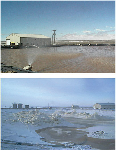 FIGURE 6.2 Seasonal cycle for freezing, thawing, and evaporation of produced water in Wamsutter, Wyoming. Top: Summer evaporation of melted, relatively pure ice. Bottom: Winter freezing of produced water solution to result in relatively pure water in the form of ice crystals. SOURCE: Used with permission from John Boysen, BC Technologies, Ltd.
