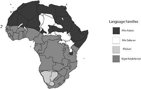 FIGURE 5.1 Map of Africa colored by the language family spoken in each region [adapted from Campbell and Tishkoff (2008)]. The Afroasiatic language family is shown in dark gray, the Nilo-Saharan language family is shown in white, the Khoesan language family is shown in light gray, and the Niger-Kordofanian language family is shown in medium gray.