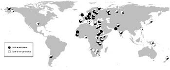 FIGURE 5.2 Global map showing the frequency of the lactase persistence trait for populations reported in Ingram et al. (2009) and citations therein. Lactase persistence is shaded in black.