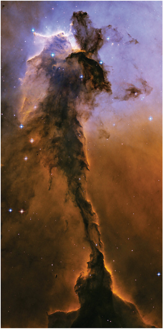 FIGURE 4.2 The dust sculptures of the Eagle Nebula are evaporating as powerful starlight whittles away these cool cosmic mountains, leaving statuesque pillars. SOURCE: The Hubble Heritage Team (STScI/AURA), ESA, NASA.