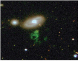 FIGURE 4.4 Image of a new large and diffuse extragalactic object, Voorwerp, which is thought to be a gas cloud illuminated by a nearby active galactic nucleus discovered by Galaxy Zoo citizen scientist Hanny van Arkel. SOURCE: Dan Smith (Liverpool John Moores) and Peter Herbert (University of Hertfordshire). Image obtained using the Isaac Newton Telescope, Roque de los Muchachos, La Palma.