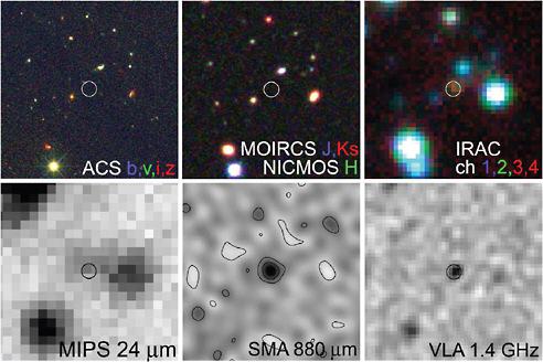 FIGURE 7.2 Multiwavelength images of high-redshift source GOODS 850-5 showing the complementarity of multiwavelength data and the promise of a future GSMT/JWST/CCAT/ALMA combination for studies of early galaxies. SOURCE: W.-H. Wang, A.J. Barger, and L.L. Cowie, Ultradeep near-infrared observations of Goods 850-5, Astrophysical Journal 690:319, 2009. Reproduced by permission of AAS.