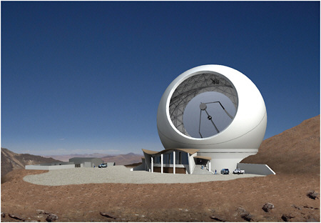 FIGURE 7.11 CCAT is a 25-meter telescope located at 18,500 feet elevation close to ALMA in Chile. The mirror surface has active control. CCAT will operate from 0.3 to 1.4 millimeters (with a goal of 0.2 to 3.5 mm) with a 10- to 20-arcminute field of view and diffraction-limited angular resolution of 10 × (wavelength in millimeters) arcsecond. Highly sensitive bolometer arrays with more than 10,000 sensors using superconducting transition edge sensor technology are envisaged. The flux sensitivity is limited by source confusion to around 1 mJy. SOURCE: M3 Engineering/CCAT/Caltech.