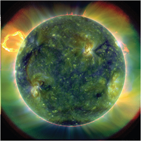 FIGURE 2.9 Solar Dynamics Observatory image of the Sun in the extreme ultraviolet. Different colors indicate different-temperature plasma, with hotter emissions traced from red to blue to green. SOURCE: NASA/SDO/AIA.