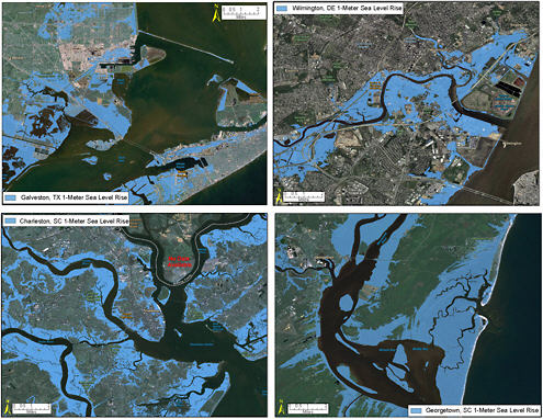 FIGURE 1.1 The potential flooding in coastal areas resulting from a potential sea level rise of one meter was mapped on either Mean High Water (MHW) or Mean Higher High Water (MHHW) depending on location (see Glossary for definitions). The sea level rise scenarios represent daily impacts at high tide, or the maximum extent of inundation. One meter of sea level rise by the year 2100 is a conservative estimate from the Intergovernmental Panel on Climate Change that is considered plausible (Rahmstorff et al., 2007). Geographic Information System (GIS) and spatial analyses were used to construct the projections; maps show the scale of potential flooding, but not the exact location, do not account for erosion or subsidence, and assume no wind, rainfall, or future construction. Model improvements for all these factors are possible, and would lead to improved forecasting and mitigation. All mapping was completed on the best available elevation data available to the Coastal Services Center. SOURCE: Courtesy of the NOAA Coastal Services Center.